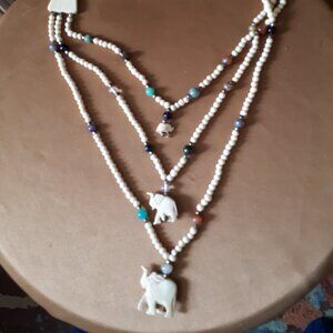 Necklace -  Gemstone Beads and Elephants with Trunks UP for  Good Luck.
